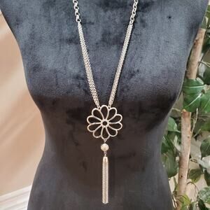 Women's Silver Floral Long Fringe Fashion Jewelry Necklace